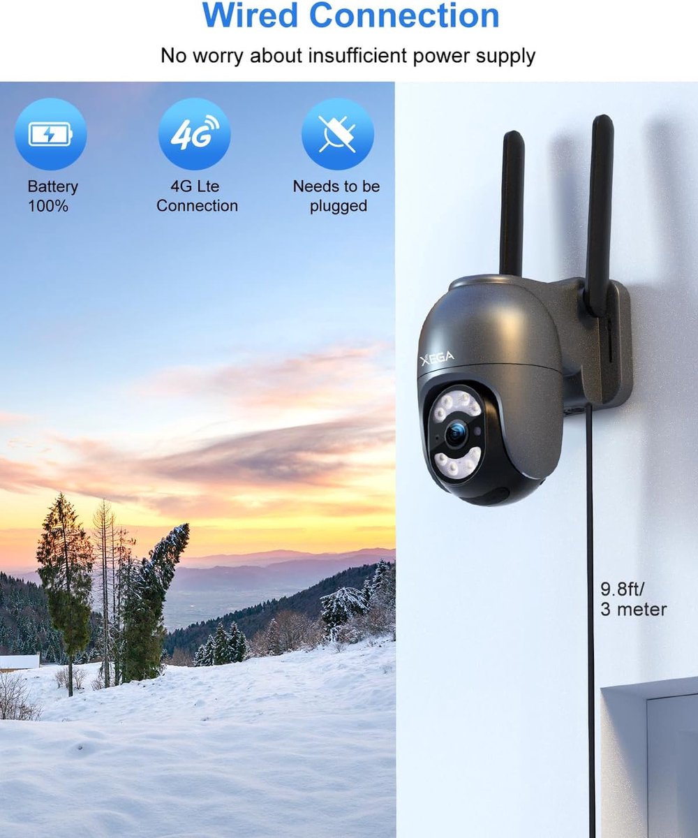 SnelShoppen - 4G LTE Beveiligingscamera met SIM Kaart, 24/7 Opname, Buiten Camera, 2K HD Mensdetectie, Auto Tracking, Spotlamp, Sirene, Geen WiFi Nodi