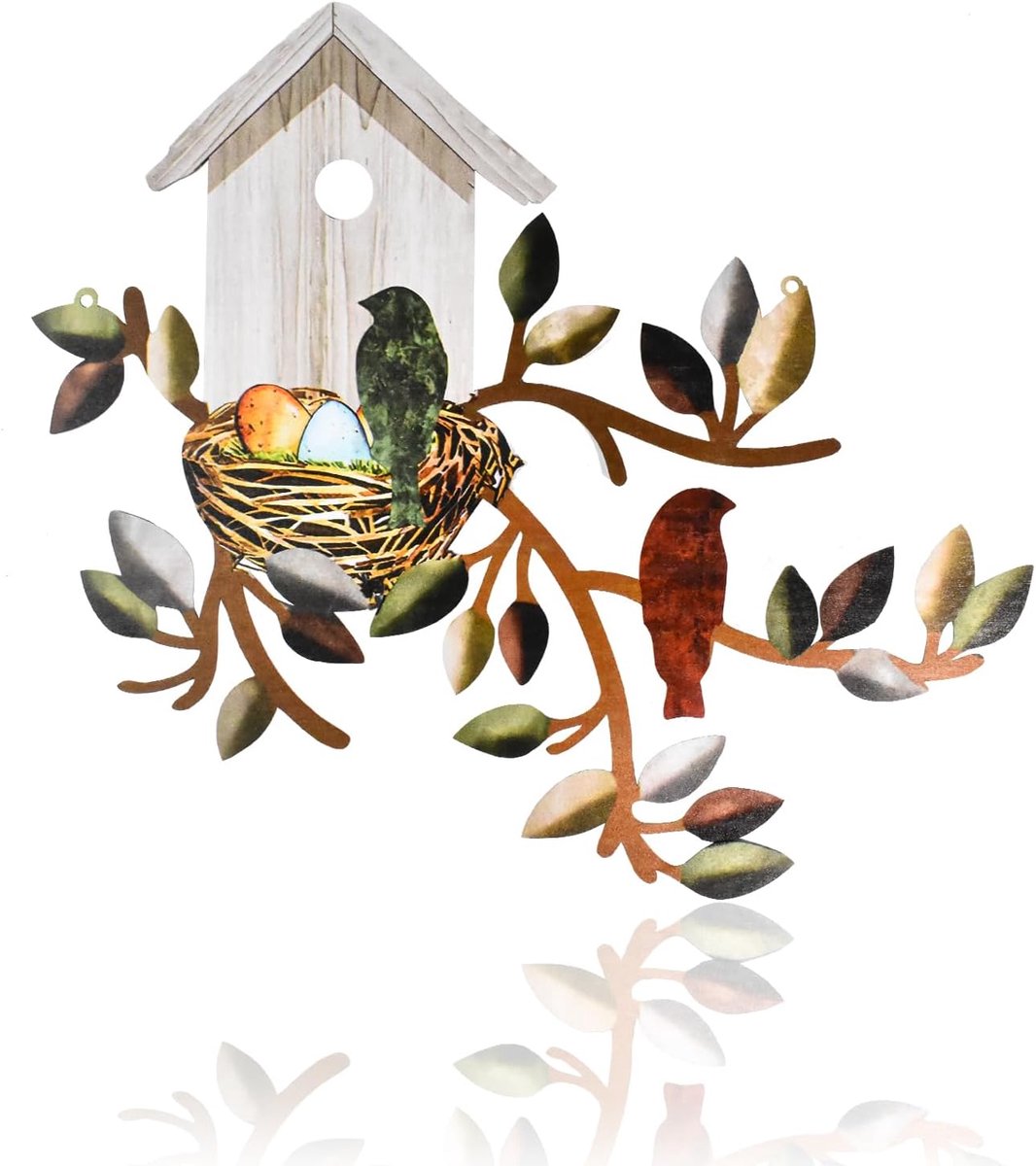 SnelShoppen - Metal Bird Wall Art Decor - Wanddecoratie Voor Buiten - Hangende Metalen Boom met Vogelhuisje en Vogels - Tuindecoratie voor Binnen en B