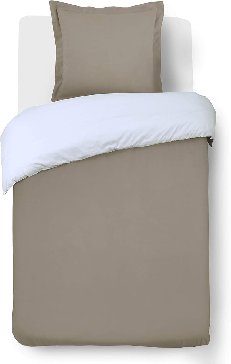 SnelShoppen - Dubbelzijdig Dekbedovertrek Taupe/Wit 140 x 200 cm - 100% Katoen met 1 Kussenhoes - Luxe, Comfortabel en Stijlvol voor een Eenpersoonsbe