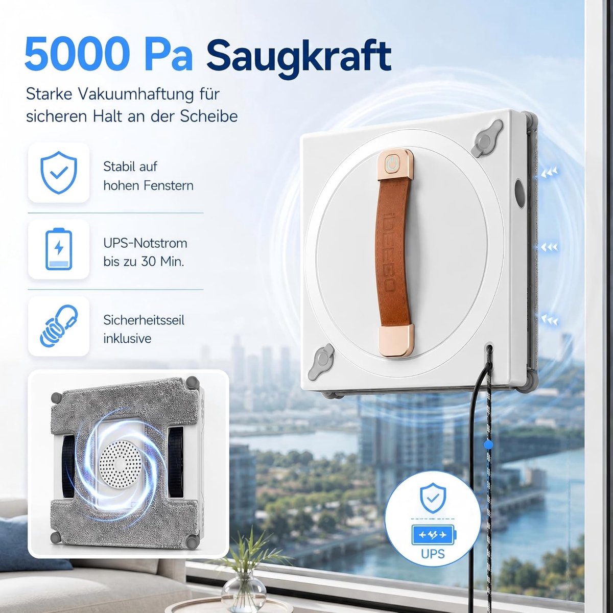 SnelShoppen - G500 Raamreinigingsrobot met 2-voudig Sproeisysteem, 100 ml Waterreservoir, Intelligente Routeplanning voor Binnen- en Buitenramen, 90°