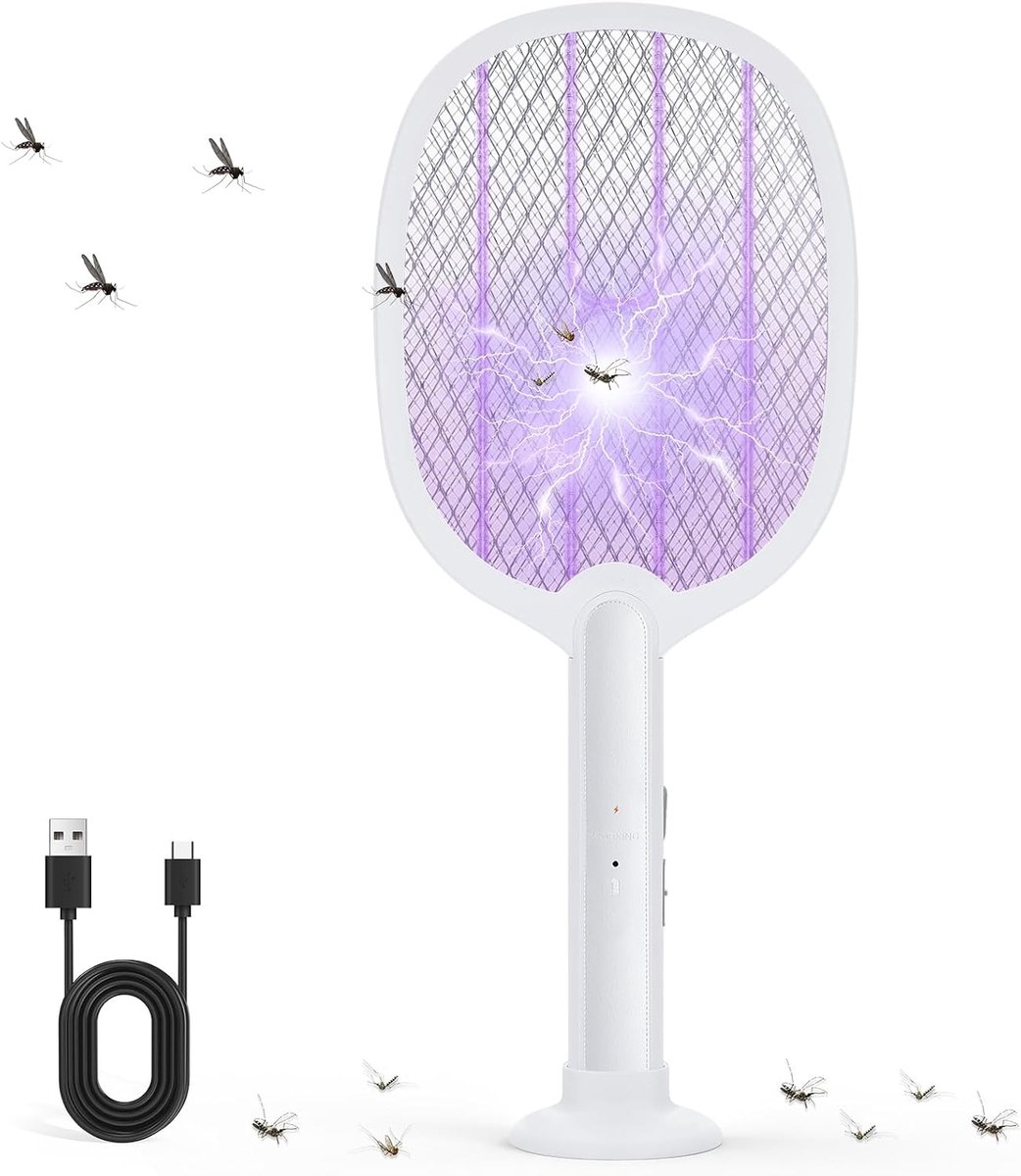 SnelShoppen - Elektrische Vliegenmepper, Fly Zapper Racket voor Muggen, Vliegen, Bijen en Motten, Veiligheidsnet, Krachtige Insectenbestrijding, Wit