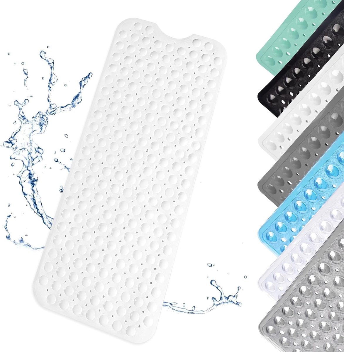 SnelShoppen - Antislip Douchemat 100 x 40 cm met Zuignappen, Lange Antislip Badmat, Machinewasbaar, Witte Badmat met Afvoergaten voor Badkuip en Douch