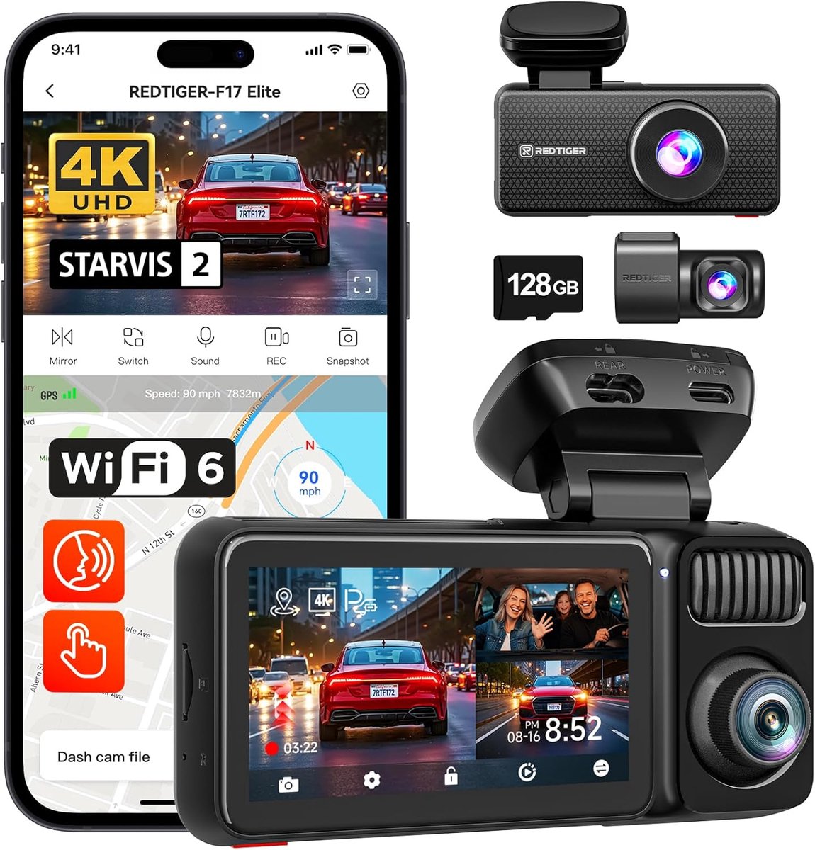 SnelShoppen - 4K 3 Channel Dash Cam met STARVIS 2, 128GB Geheugenkaart, Full Night Color, Touch Screen, GPS, 5GHz WiFi, Voice Control, HDR en Parkeerm