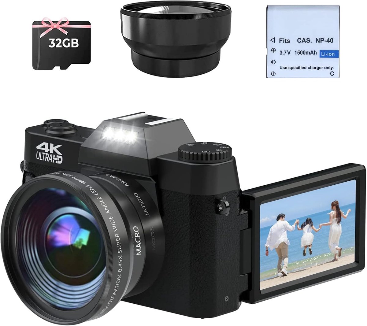 SnelShoppen - Digitale Camera 4K 48MP Compact Camera met 180° Flip 3.0 Inch Scherm, 16x Digitale Zoom, 64GB TF Kaart, Macro en Groothoeklenzen, Wifi F