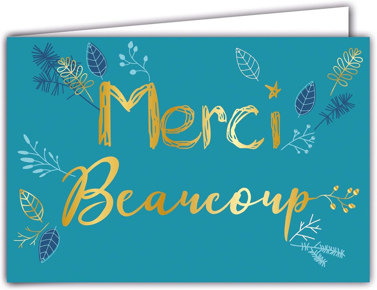 SnelShoppen - Luxe Afie 69-5128 Wenskaart MERCI in Shiny Goud, Blad Motief, Duck Iron Blue, 17 x 11.5 cm, Met Envelop voor Feestelijke Gelegenheden