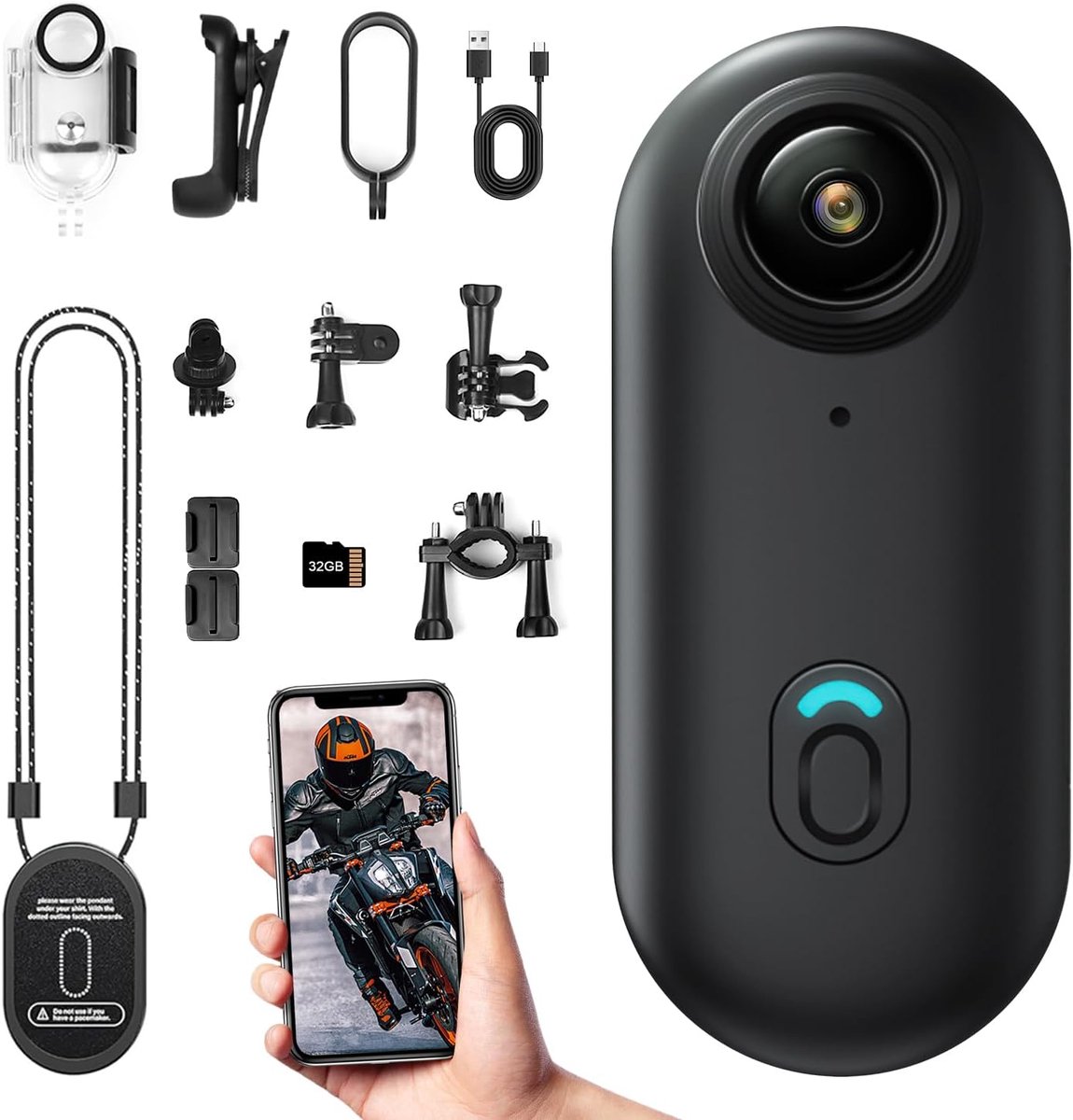 SnelShoppen - Action Cam WiFi HD 1080p Mini Sportcamera met 32 GB Geheugenkaart, 360° Actiecamera voor Fiets, Motorhelm, Outdoor, Reis en Huisdieren