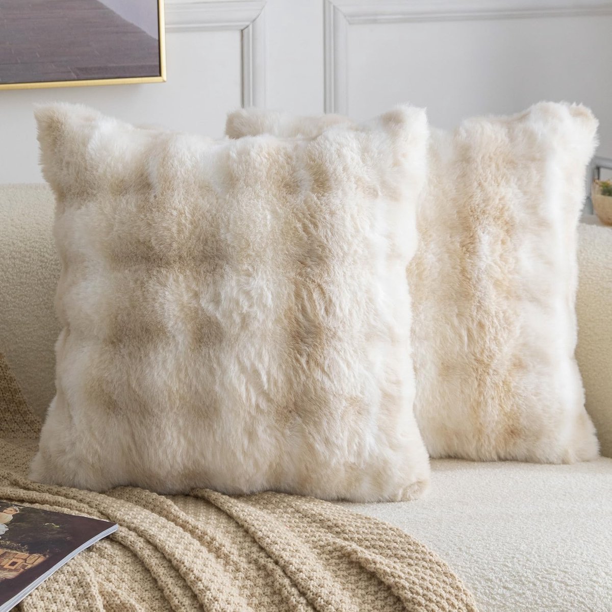 SnelShoppen - Set van 2 Dikke Pluche Faux Wol Decoratieve Kussenslopen 45x45cm - Zachte Kussenhoezen voor Bank en Slaapkamer in Wit Beige