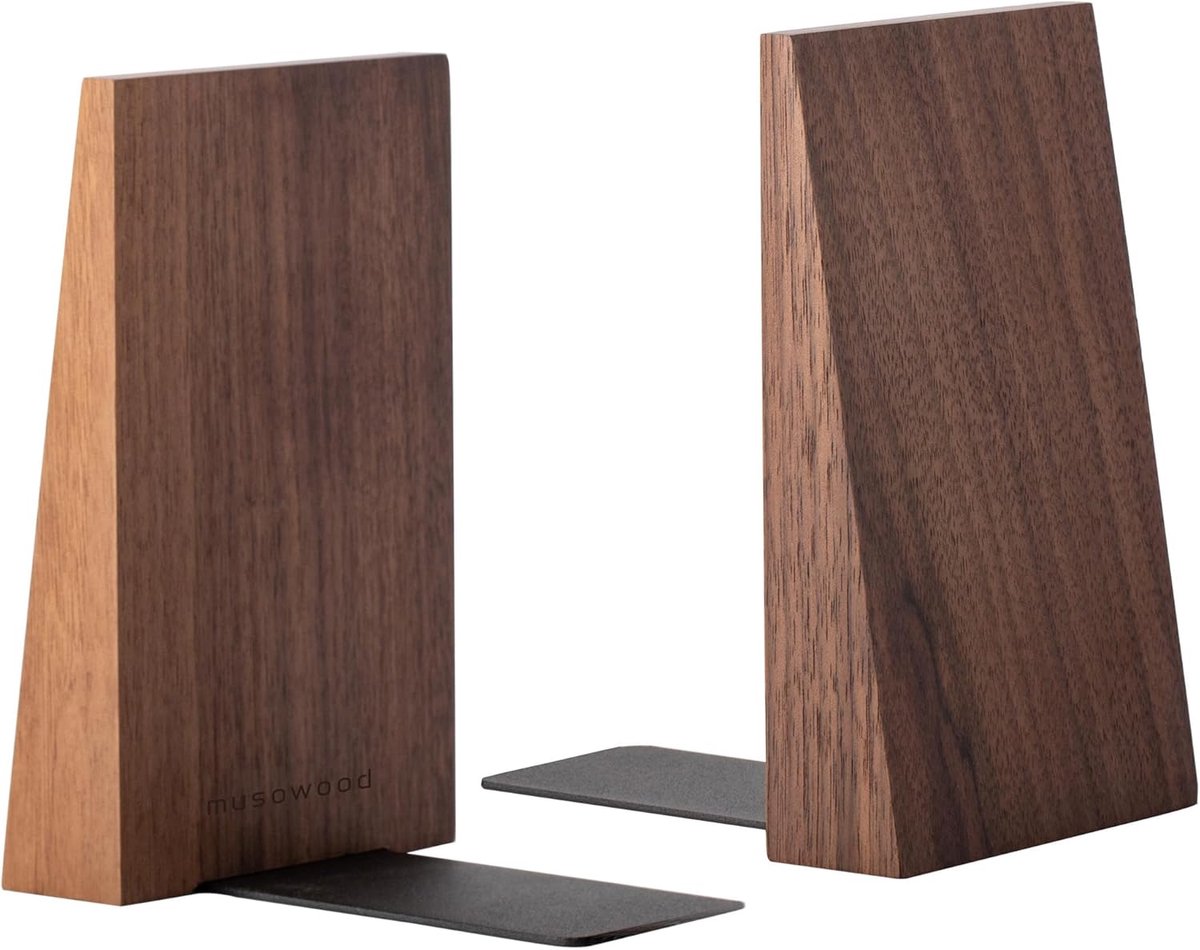 SnelShoppen - Muso Wood Houten Walnoot Boeksteunen Set van 2, Handgemaakte Decoratieve Boeksteunen voor Plank, Stabiliteit en Stijl