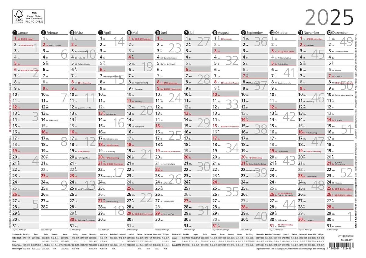 SnelShoppen - Plakatkalender 2025, 29,7x21cm, Jaarplanner met Jaaroverzicht, 12 Maanden op 1 Pagina, Mondfasen, Werkdagen- en Weektelling, Feestdagen