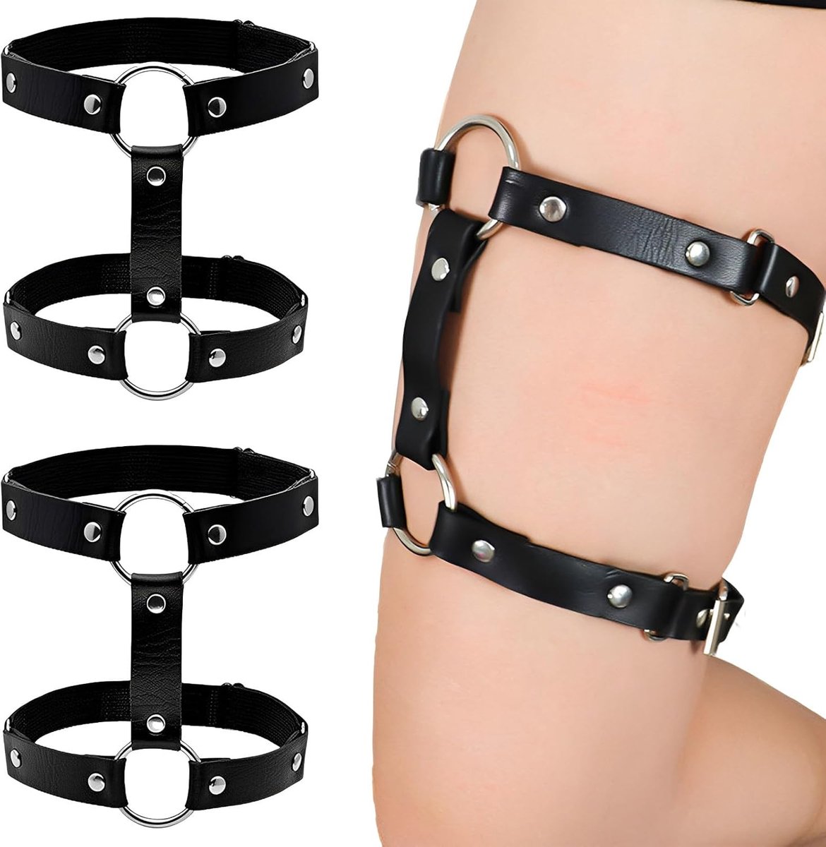 SnelShoppen - 2 stuks zwarte leren kousenbanden voor dames, verstelbare dijbeenriemen, punk/gothic-stijl, elastische modeaccessoires voor feesten, cos