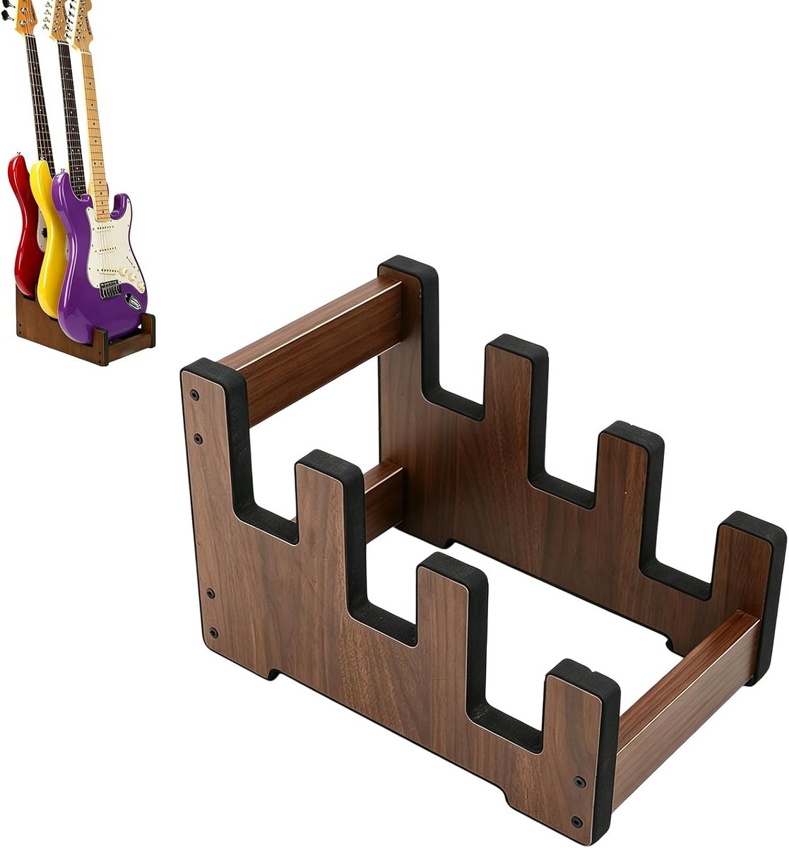 SnelShoppen - Houten gitaarstandaard voor 3 gitaren, 3-voudige houder, robuust massief hout, gevoerd, perfect voor thuis, studio of podium (33 x 22 x