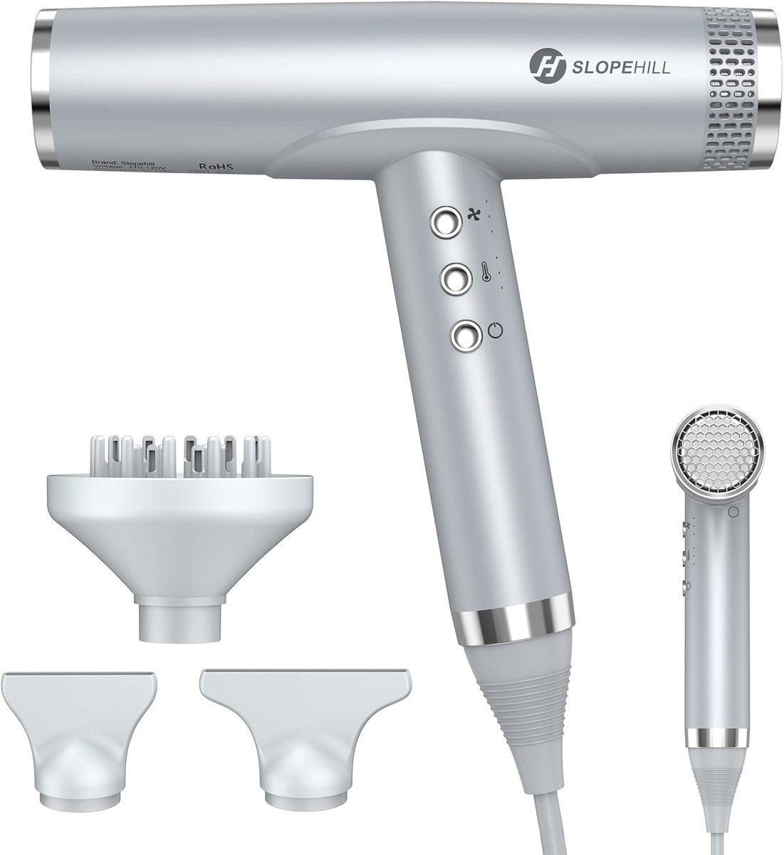 SnelShoppen - Haarföhn met Borstelloze Motor 110,000 RPM, Sneldrogend, Geluidsarm 57 dB, Bioceramische Technologie, Magnetische Diffuser, Lichtgrijs v