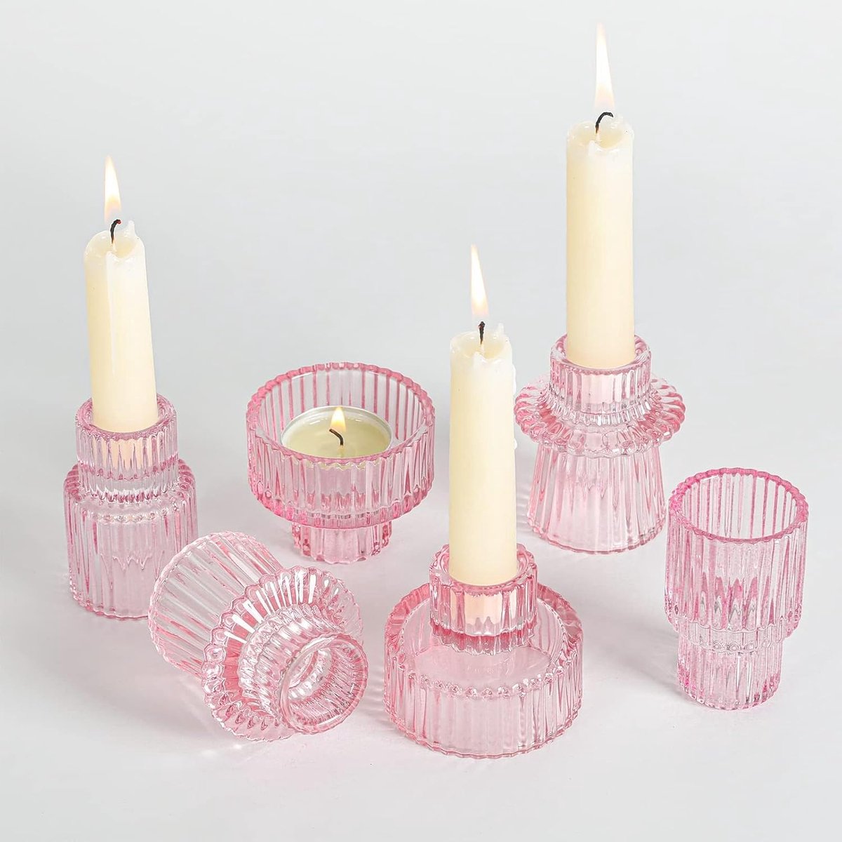 SnelShoppen - Set van 6 Glazen Kaarsenhouders - 2-in-1 Theelichthouder & Stick Kaarsenhouder - Transparant & Roze - Perfect voor Tafelversiering op Br
