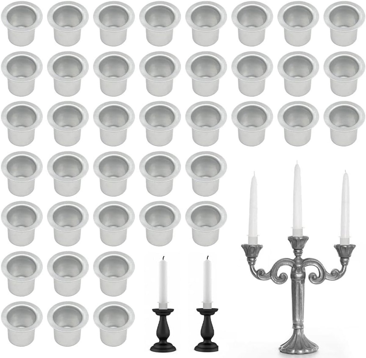 SnelShoppen - Zilveren Mini DIY Kaarsenhouder voor Tafelkaarsen, Dinner Kaarsen, Bar Kaarsen, Geschikt voor 12 mm Kaarsen - 40 Stuks - Aluminium, Warm