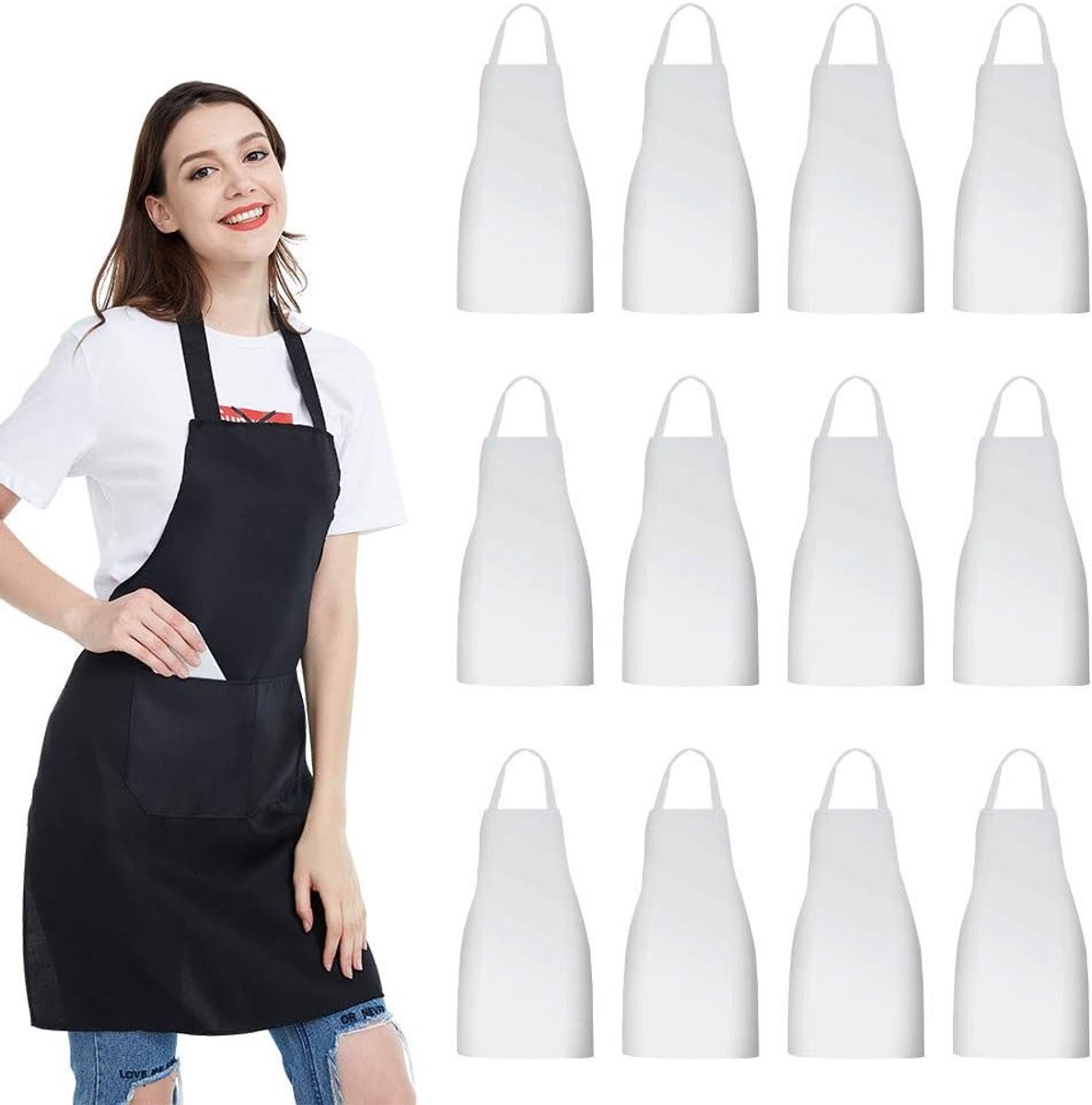 SnelShoppen - Unisex Keuken Schort 12 Stuks Zwart met 2 Ruime Zakken Machinewasbaar voor Koken, Grillen, Creatief Werk en Tuinieren, Maat M