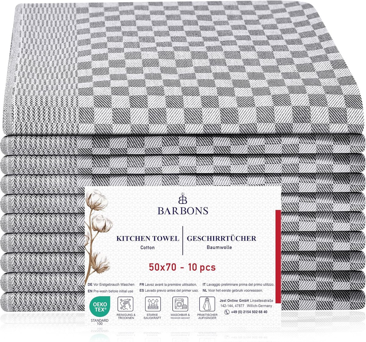 SnelShoppen - 10 Keukenhanddoeken Katoen 50x70 cm, Zwart Ruit, 240 g/m², Absorberend en Duurzaam, Perfect voor Keuken en Afwassen