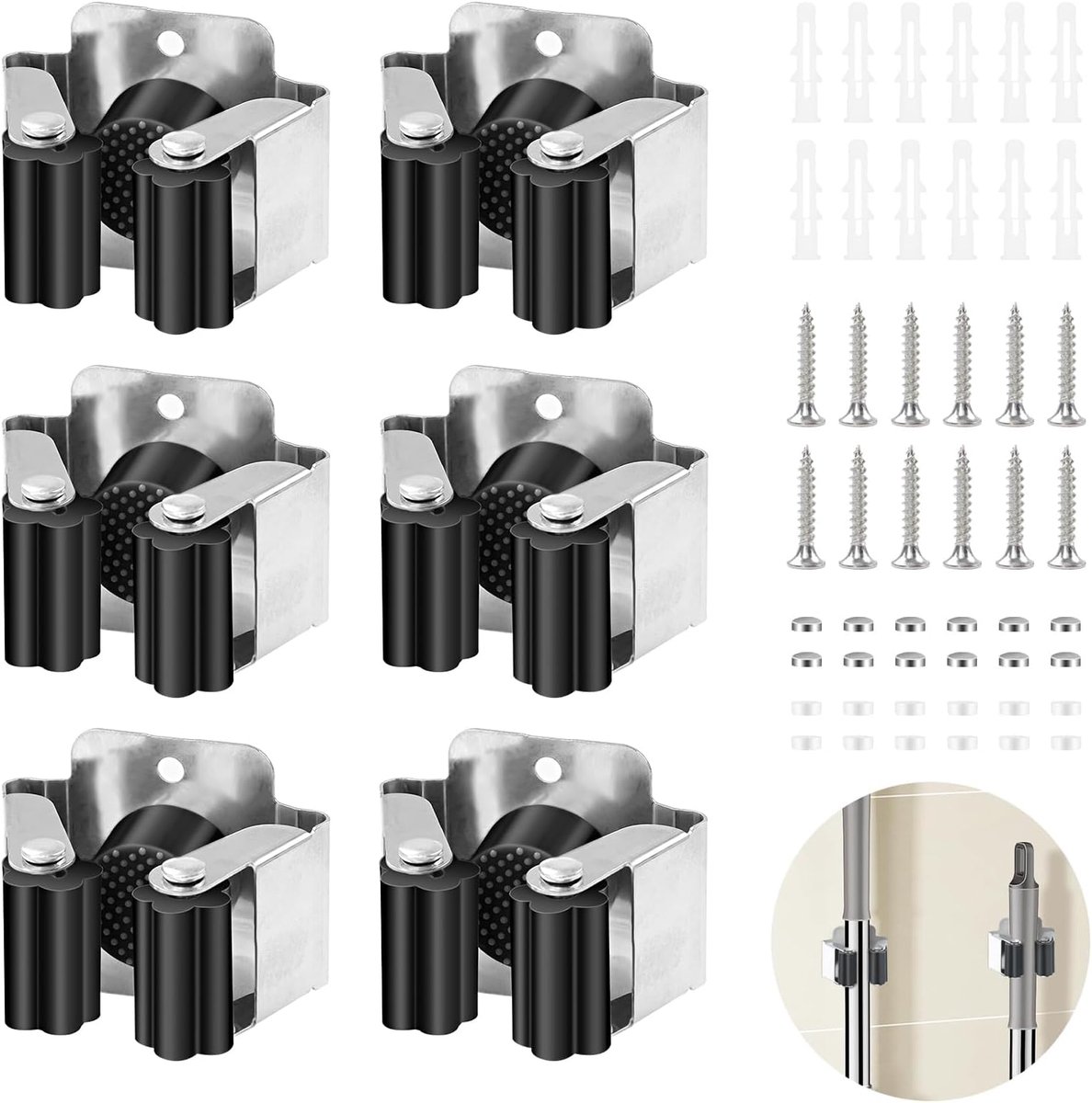 SnelShoppen - 6 Pcs Rvs Broom Holder, Broom Organizer met Schroeven, Tuin en Keuken Gereedschap Houder, Sterke Bevestiging voor Garage en Badkamer