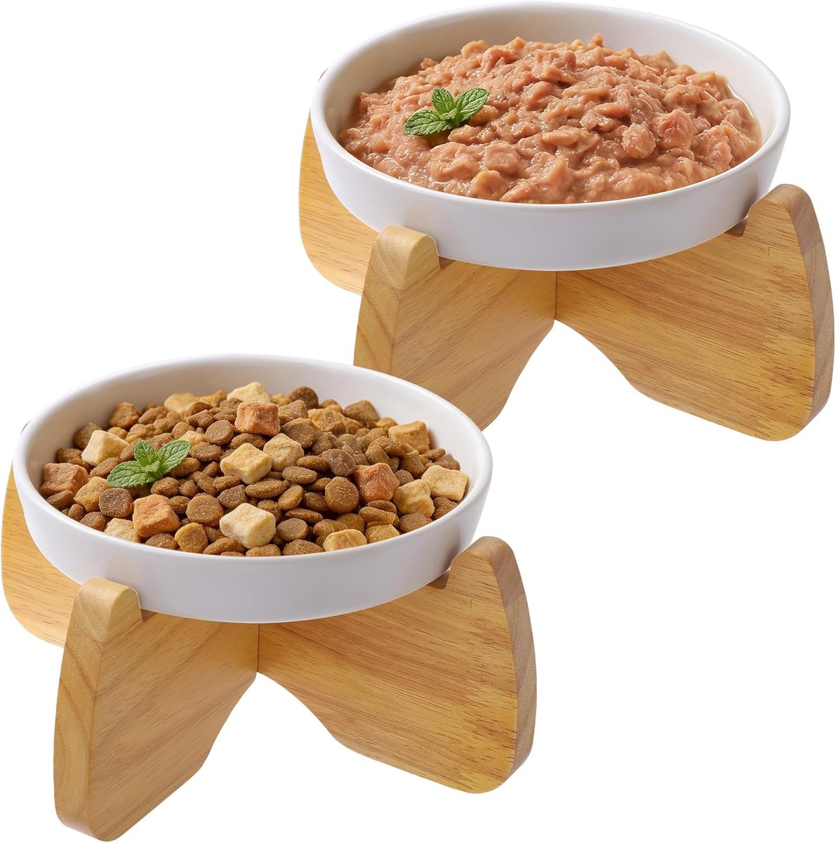 SnelShoppen - Raised Feeding Bowls voor Katten 16cm Breed, 2 Stuks Keramische Voerbakken met Stand, Ondiepe Voerbakken voor Kittens en Senioren, Vaatw