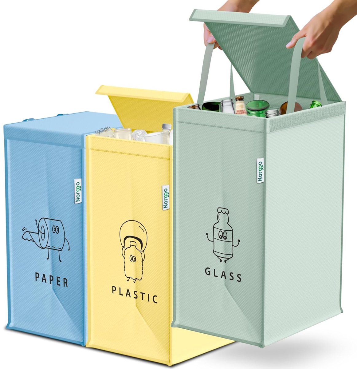 SnelShoppen - Recycling Afvalbakken Set van 3x40L voor Plastic, Papier en Glas - Duurzame Afvalbakken met Kleurcodes - 3 Compartimenten voor Thuisgebr