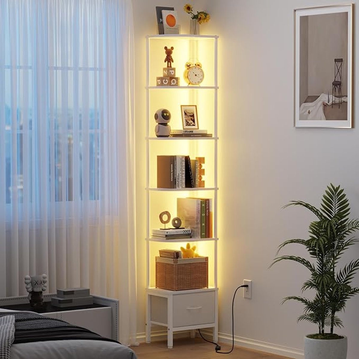 Hoekplank Met 6 Niveaus En LED Verlichting - Witte Ruimtebesparende Hoekboekenkast Met Lade - APP Bedienbare LED Wandplank Voor Boeken, Decoratie En Presentatie - Smalle Opbergkast 27 × 37 cm