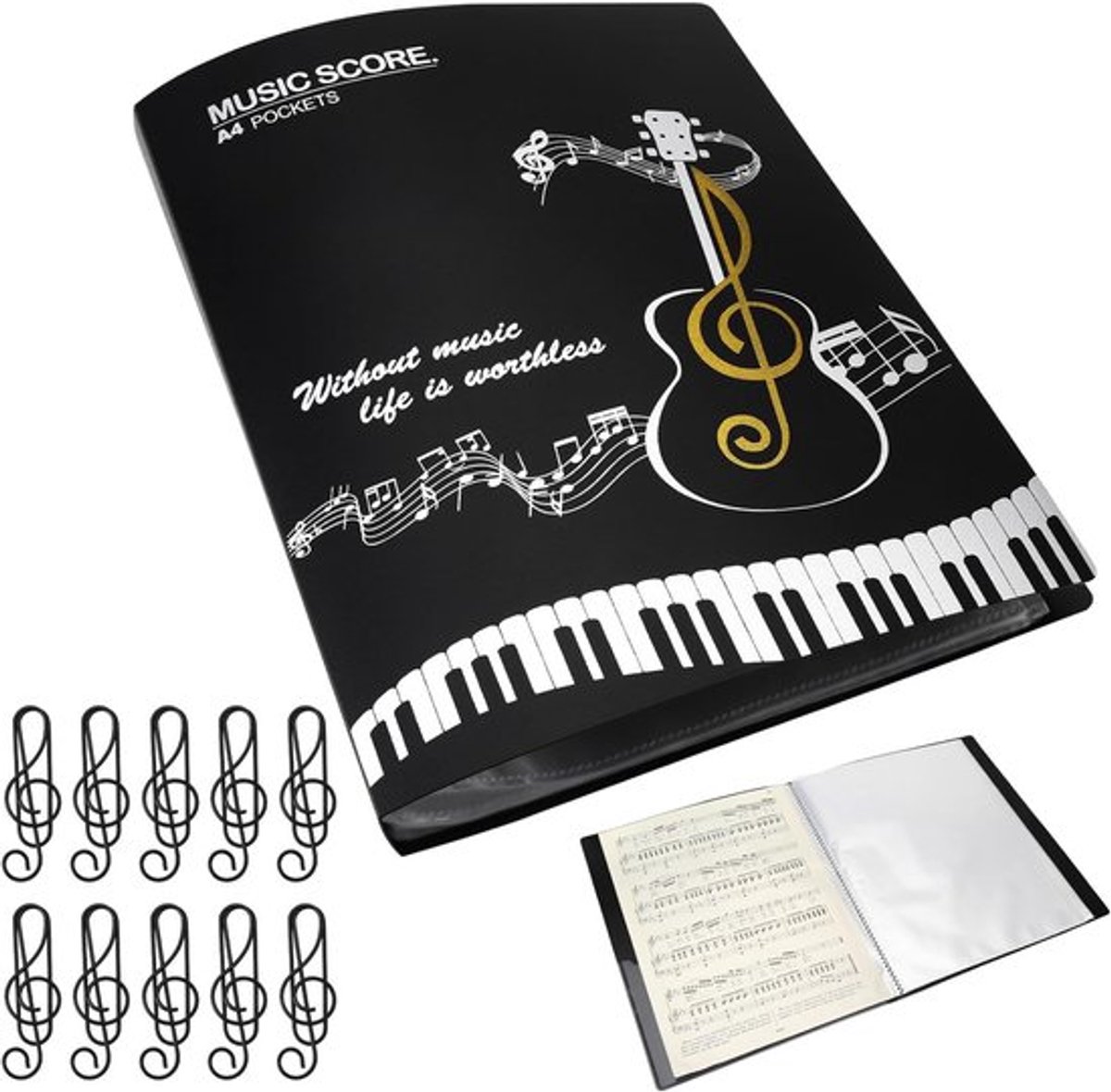 A4 muziekmap met 80 compartimenten/160 pagina's - ringbandmap smal met doorzichtige hoezen - koor map zwart voor bladmuziek