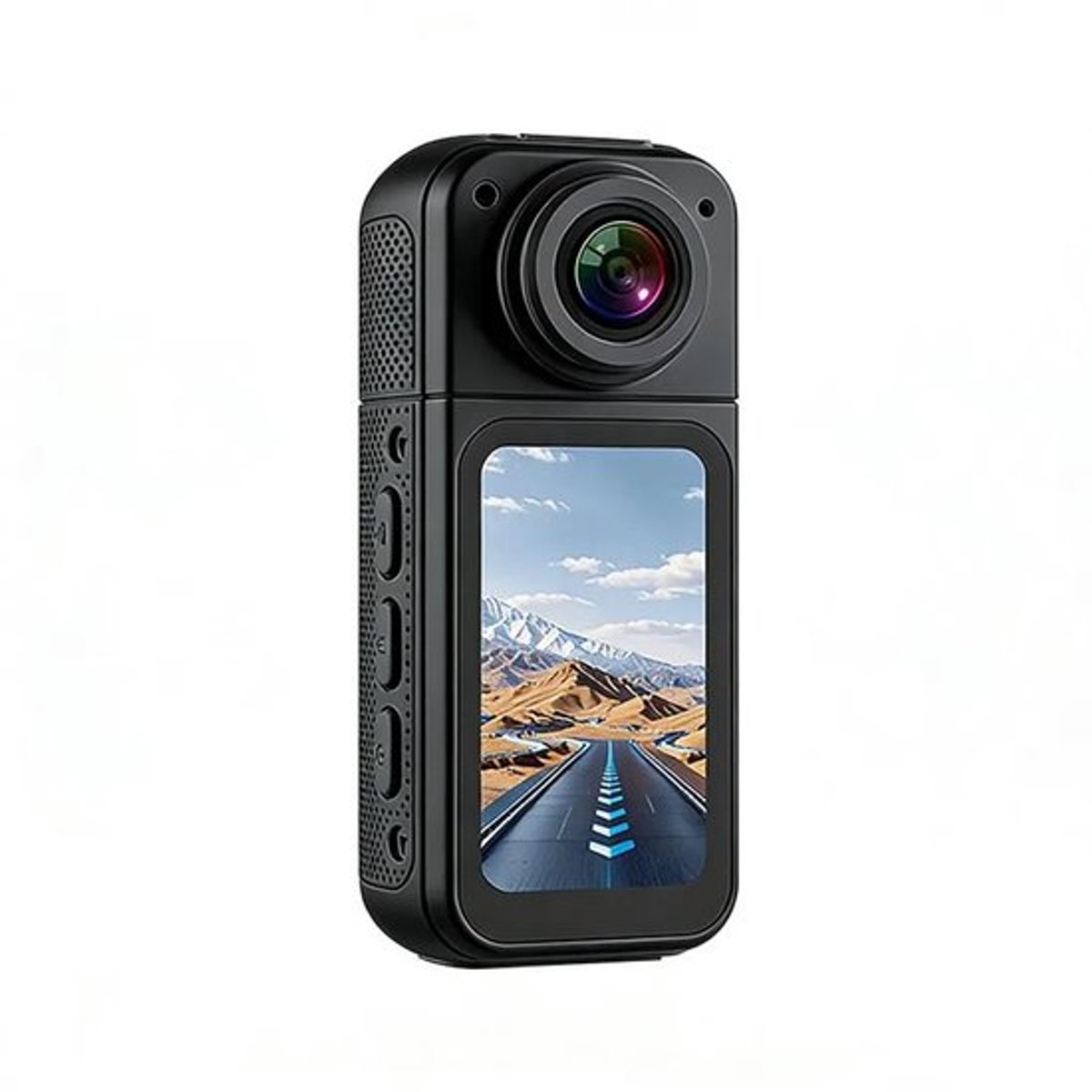 Ultralichte actiecamera met een 180° draaibare lens, weegt slechts 35 gram, lichtgewicht en draagbaar, zwart.