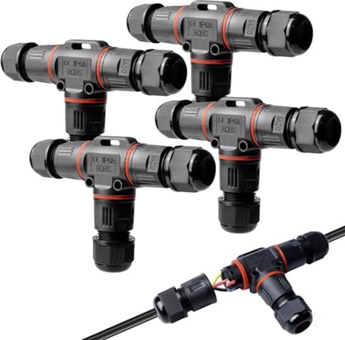 IP68 Waterdichte Plug 4 Stuks Buiten Kabel T Connector met Waterdichte Dichting, 3-Pin Kabel Connector voor Tuin, Buiten en Vloerlampen