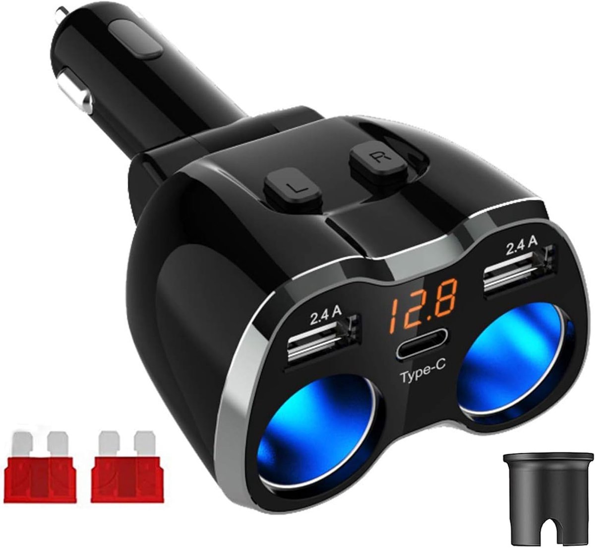 Thijox - Auto Oplader USB C Sigarettenaansteker Adapter met 2 Compartimenten, 12V/24V DC 80W, LED Voltmeter, Dubbele USB-Poorten voor Tablet en Smartp