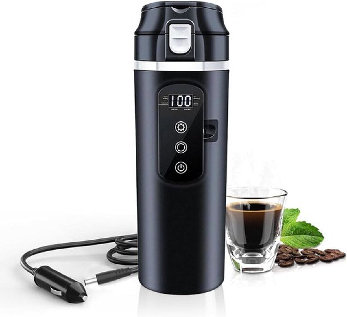 Auto waterkoker - Reis waterkoker - 500 ml - 12V/24V aansluiting- Roestvrij - Met beeldscherm - Instelbare temperatuur - Automatische uitschakeling - Lekpreventie - Temperatuurweergave - Geschikt voor kleine auto's - Zwart