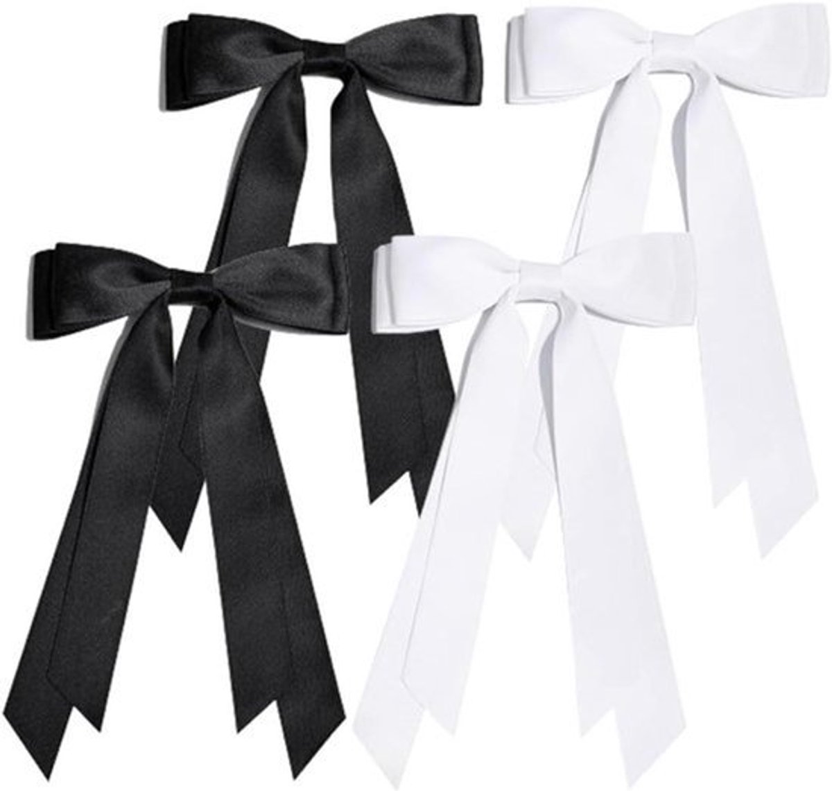 4 stuks haarstrik haarspelden met strik en lange band van zijdesatijn - Accessoires voor dames en meisjes (zwart/wit)