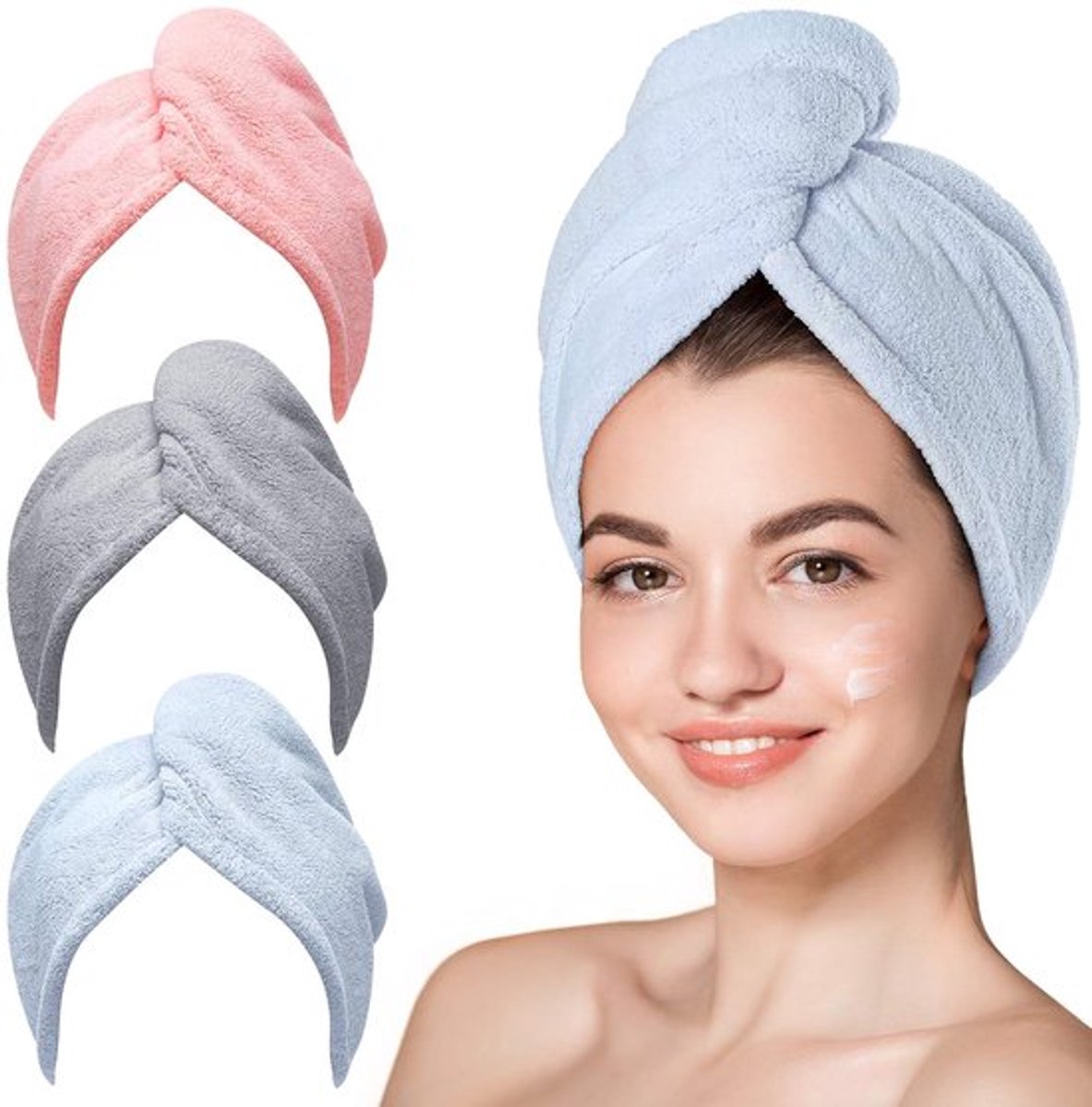 Microvezel haarhanddoeken, 3-pack natte haardoeken, droge haarhanddoeken voor krullend haar met anti-kroeseffect (blauw, grijs, roze)