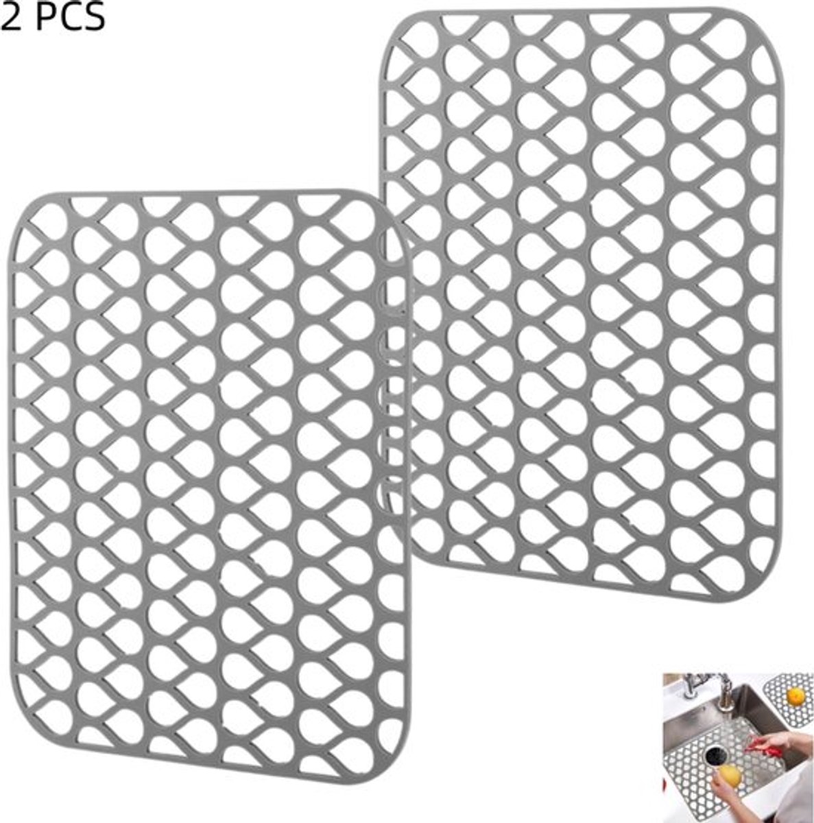 2 stuks - Spoelbakbeschermers voor de keuken - siliconen keukenmatten - beschermmat met afvoergat - geschikt voor spoelbakken in landelijke stijl, roestvrij staal en porselein - grijs - 35×30cm
