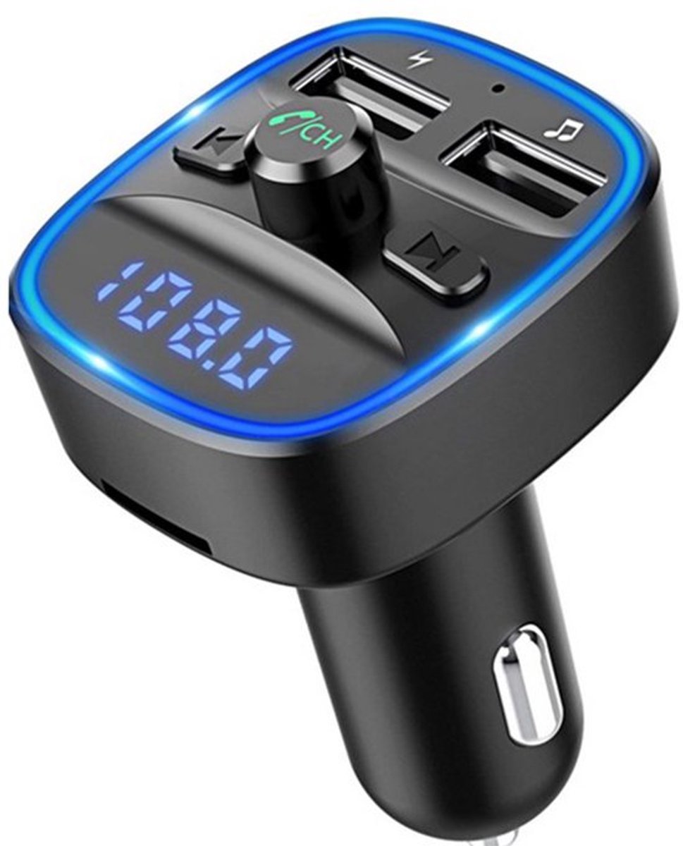 Auto Bluetooth FM-zender, adapter voor autoradio met blauw sfeerverlichting, ondersteunt handsfree bellen, twee USB-poorten.