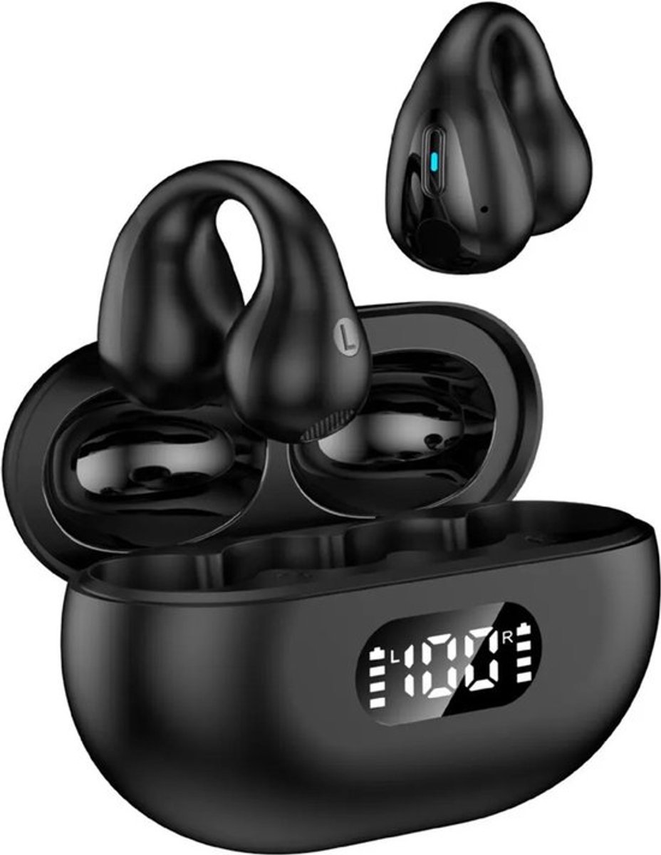 Draadloze open hoofdtelefoon, draadloze botgeleiding, clip-on ontwerp met open oorschelpen, geschikt voor hardlopen en sporten, zwart.