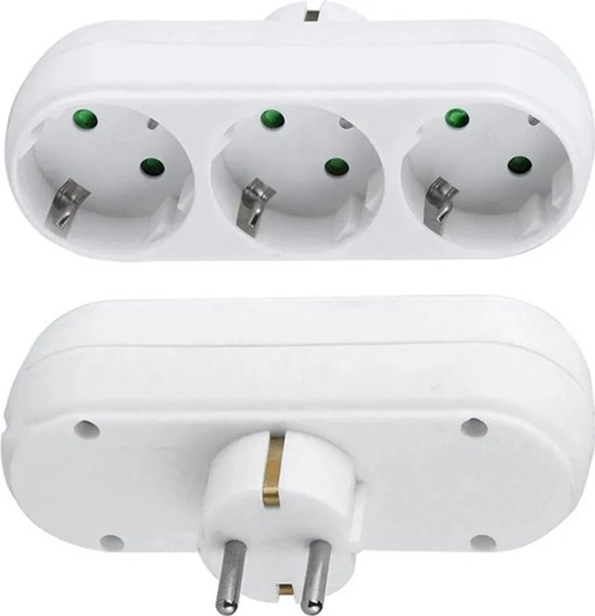 Twee 3-polige Europese standaard stopcontactadapters en een ronde 3-polige stekkerdoos.