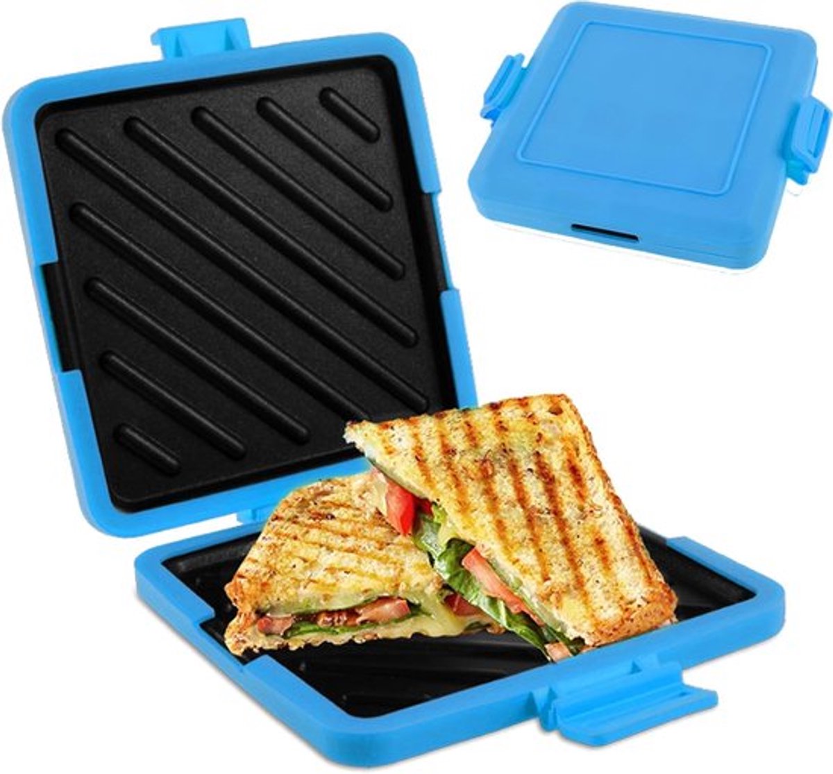 Tosti Apparaat - Broodrooster - Sandwich Maker - Tosti Broodrooster - Magnetronbestendige Siliconen Sandwichmaker - Draadloze Sandwichmaker - Antiaanbaklaag - Voor Kantoor, Studentenkamer En Magnetron - Blauw