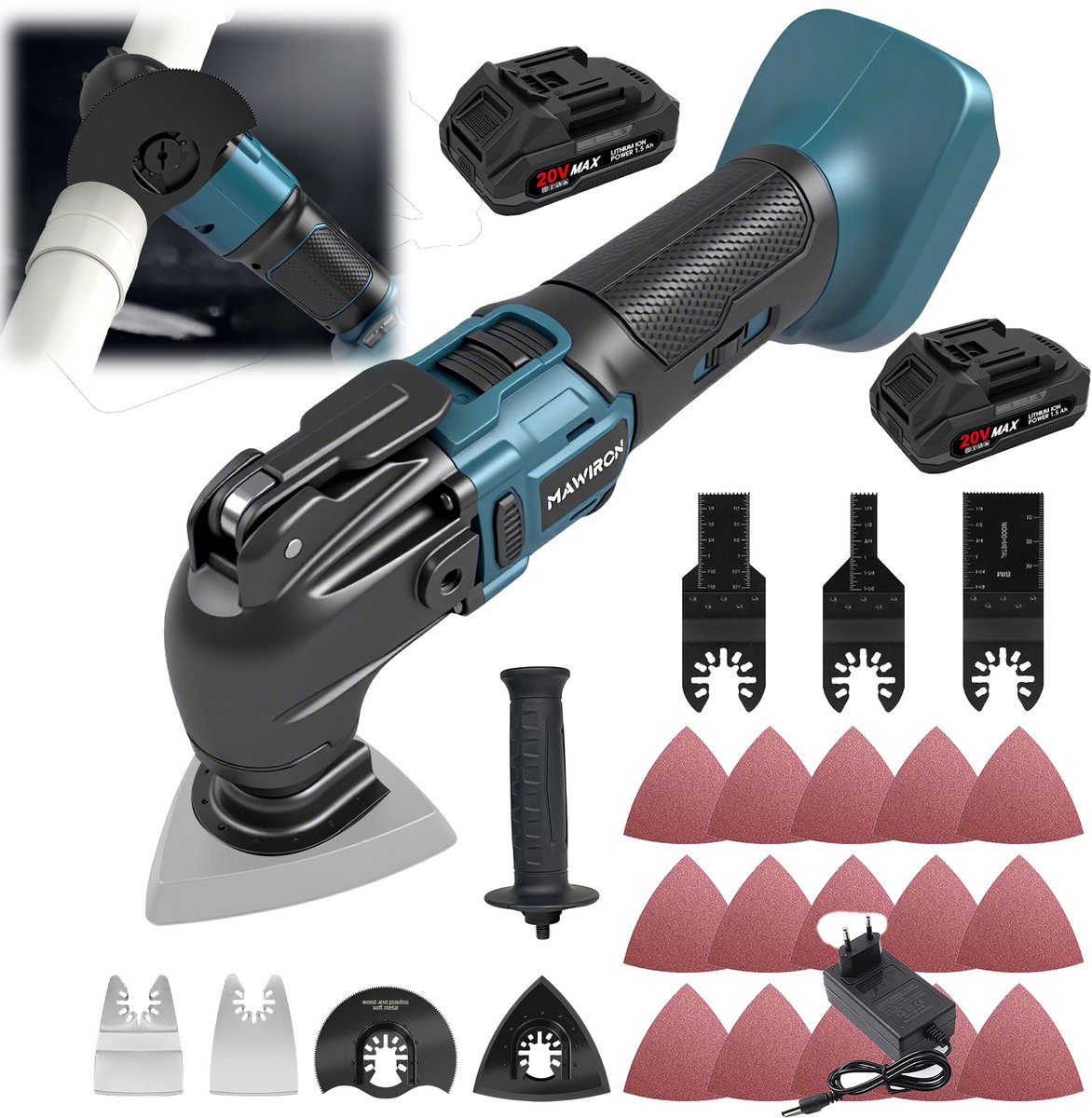 20V Borstelloze Accu‑Multitool, 6‑snelheden, 2‑stuks 1,5‑Ah‑accu’s, EU‑oplader en complete accessoires‑set voor zagen, schrapen en schuren