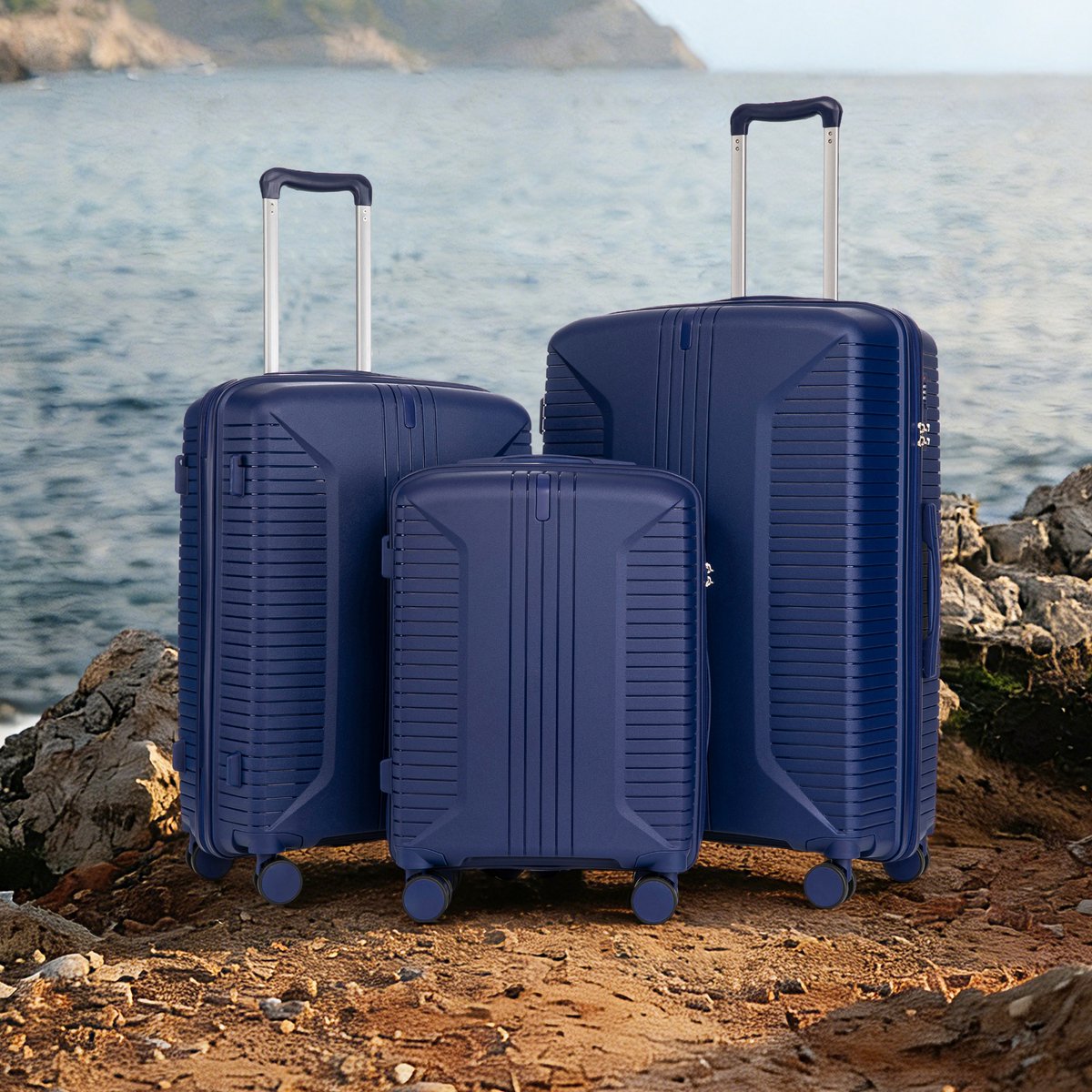 VVBV Kofferset 3 Delig 20/24/28 inch - PP Hardcase, Spinner Wielen, Cijferslot, Zijhaken, Ruimbagage, Blauw, Vakantie, Trolley
