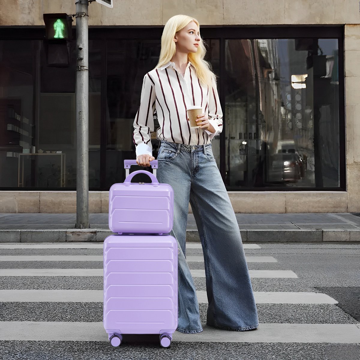 VVBV Kofferset 2 Delig 14/19 inch - ABS Hardcase, Handbagage Koffer, Beautycase, Spinner Wielen, Cijferslot, Blauw-Paars
