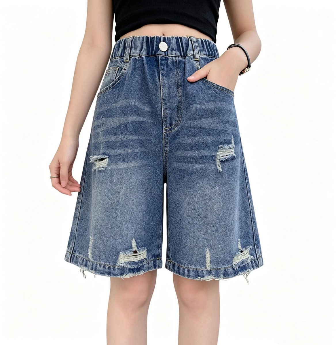 Kraftverdia® Jeansshorts voor meisjes elastische tailleband bermudashorts brede pijpen zomershorts knielang 160 Gescheurd(165-175)
