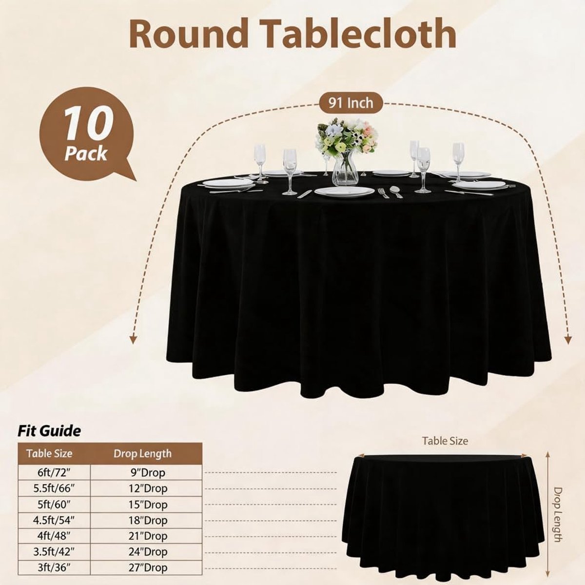 SnelShoppen - 10 Stuks Ronde Tafelkleden Wegwerptafelkleden 230 cm PEVA Waterdicht Zwart Voor Bruiloft Verjaardag Feest Familiebijeenkomst