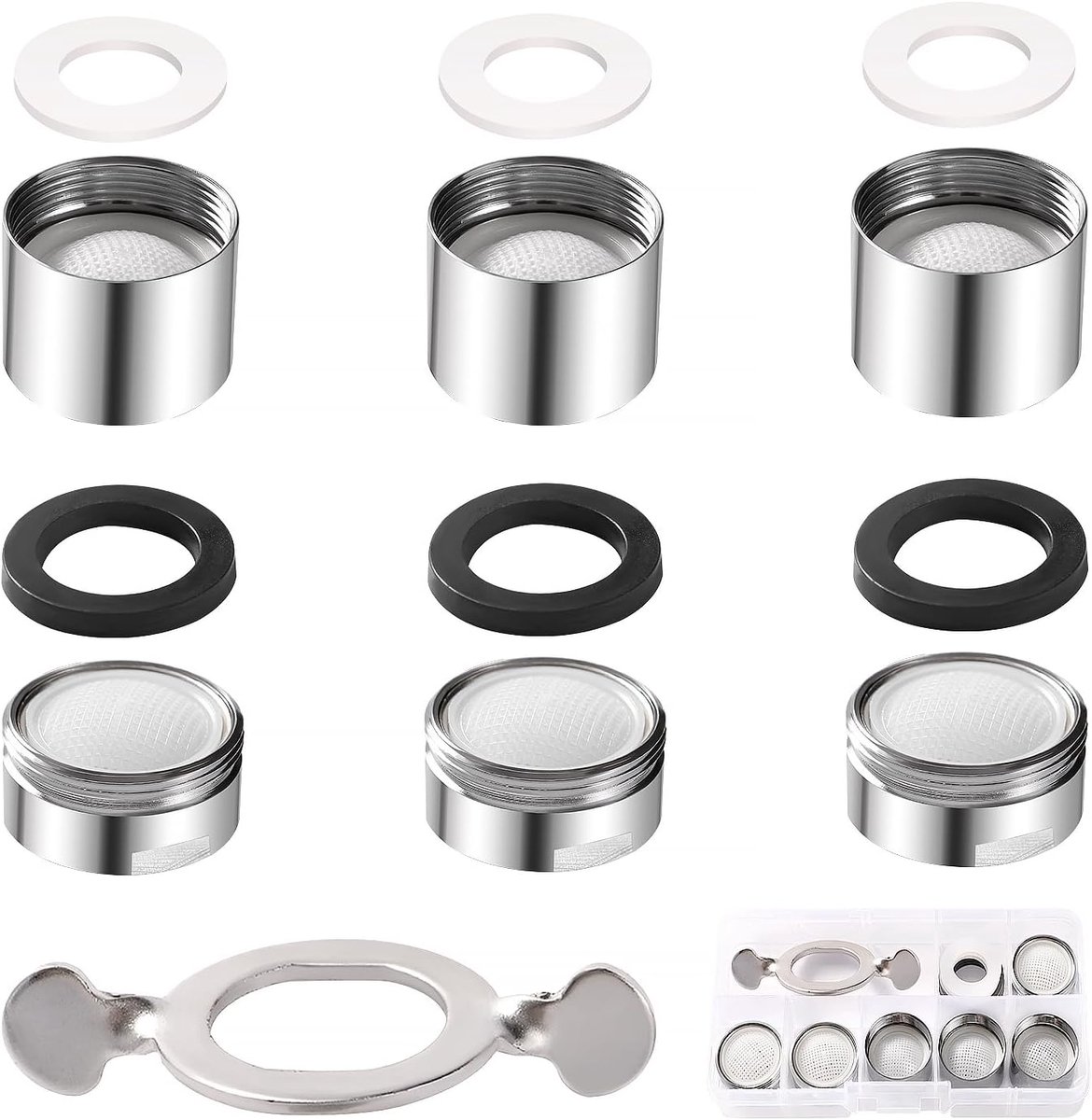 SnelShoppen - 6x M22 M24 Kraanaerator Set met Wrench en Rubber Gaskets - RVS en ABS Filter - Ideaal voor Keuken en Badkamer