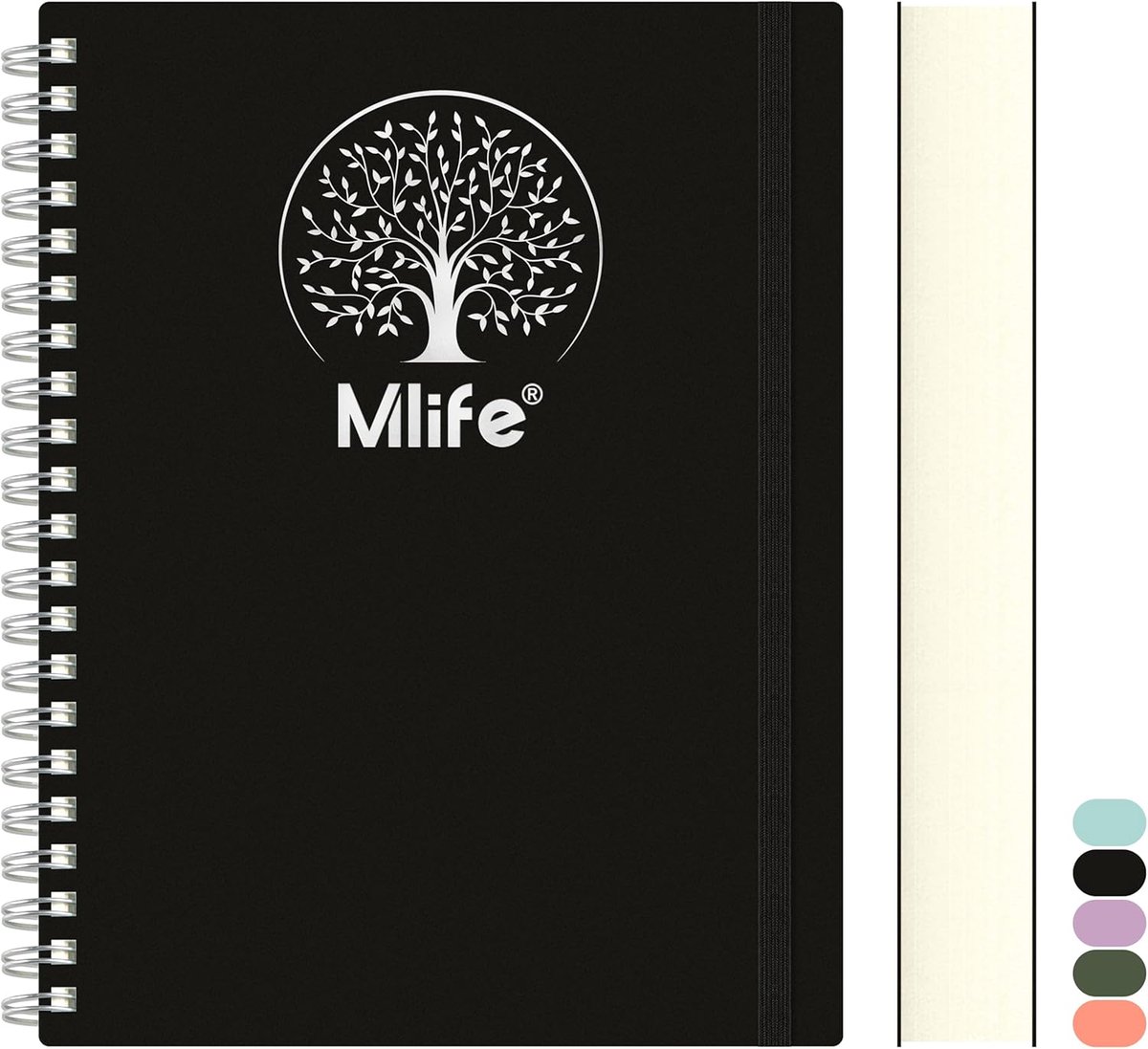 SnelShoppen - A4 Spiral Notebook 300 Pagina's met Tree of Life Print, PVC Hardcover, 100g/m² Papier, Vouwbare Pocket, Elastische Ribbons - Zwart 21x28