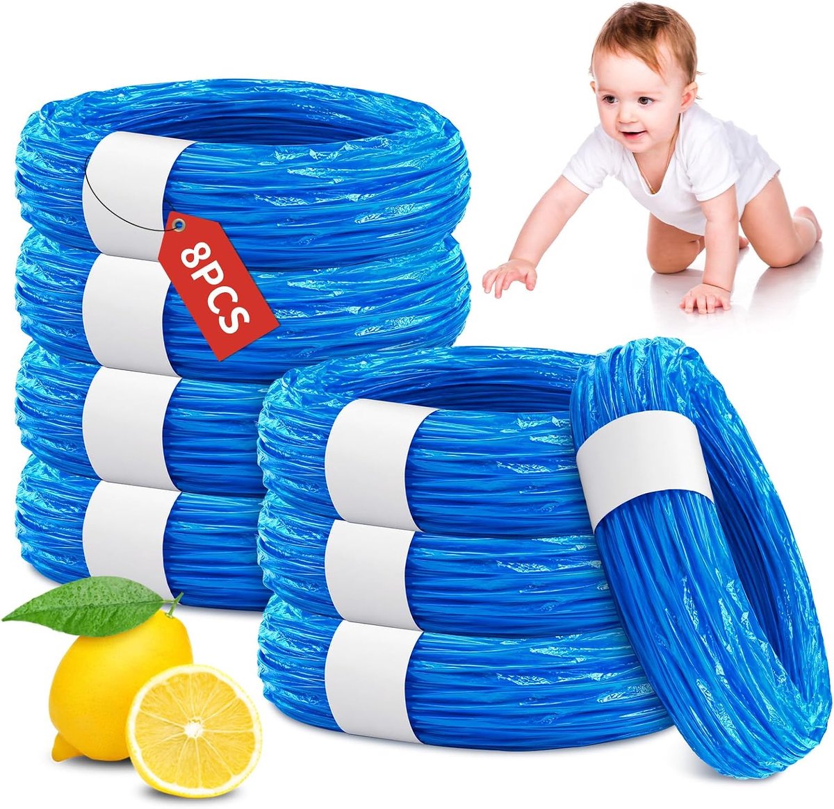 SnelShoppen - 8 Stuks Luieremmer Navulcassettes, Geurdichte 4,5M Navulfolie Luierzakken, Compatibel met Luieremmer en Kattenstrooieremmer, Ideaal voor