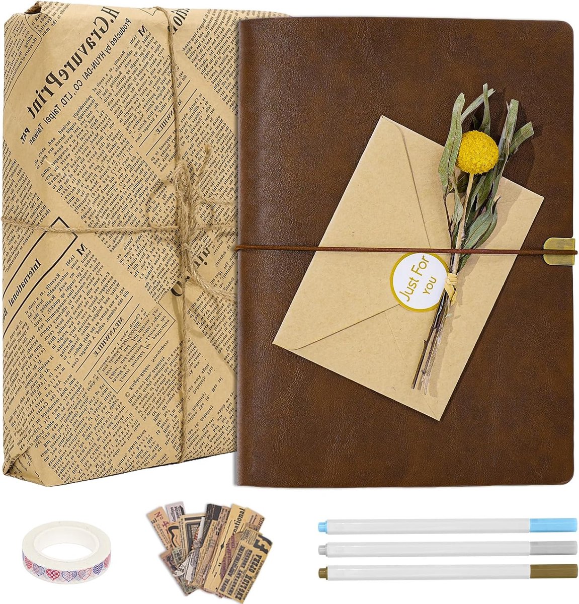 SnelShoppen - DIY Fotoalbum met Kunstlederen Kaft, 30 Bladen, 60 Pagina's, Kraftpapier, Vintage Notitieboek Accessoires Set voor Trouwen, Jubileum, Br