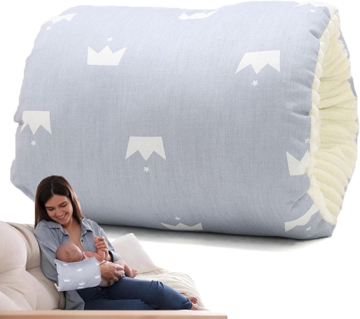 SnelShoppen - Soft Cotton Cozy Crib Pillow - Arm Cushion voor Baby - Antispug Kussen - Ideaal voor Borstvoeding en Flesvoeding - Lichtgrijze Kroon - C