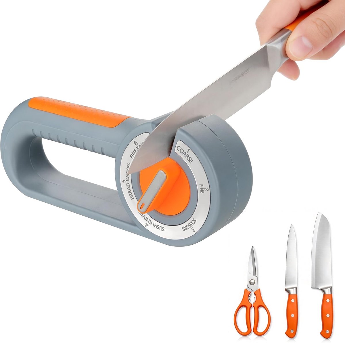 SnelShoppen - 6-in-1 Messenslijper voor Keuken en Camping, Antislip Basis, Diamant Slijpsteen, Geschikt voor Scharen en Messen, Grijs-Oranje