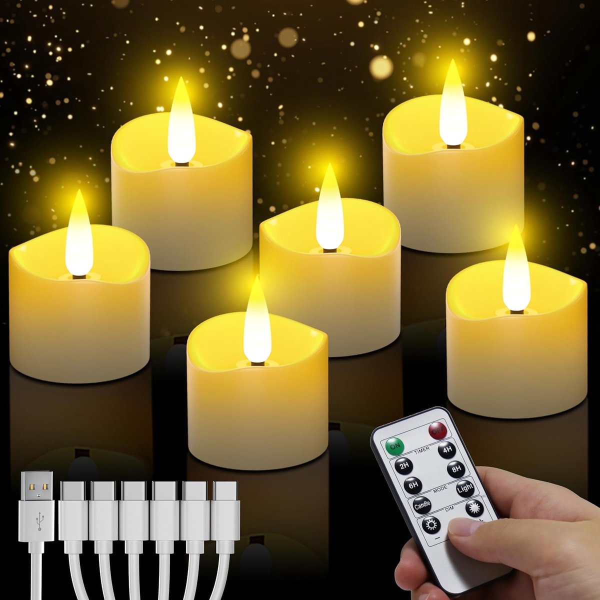 SnelShoppen - 6x Oplaadbare Theelichtjes - Flameless LED Kaarsen met Afstandsbediening en Timer - Ideaal voor Halloween, Kerst en Thuisdecoratie