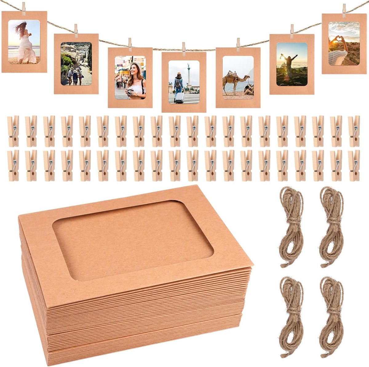 SnelShoppen - 40 Stuks Bruin Kraft Papieren Fotogarland Set Met Klemmen En Touw | Lege Fotolijsten Voor Wanddecoratie, Feest, School En DIY Crafting