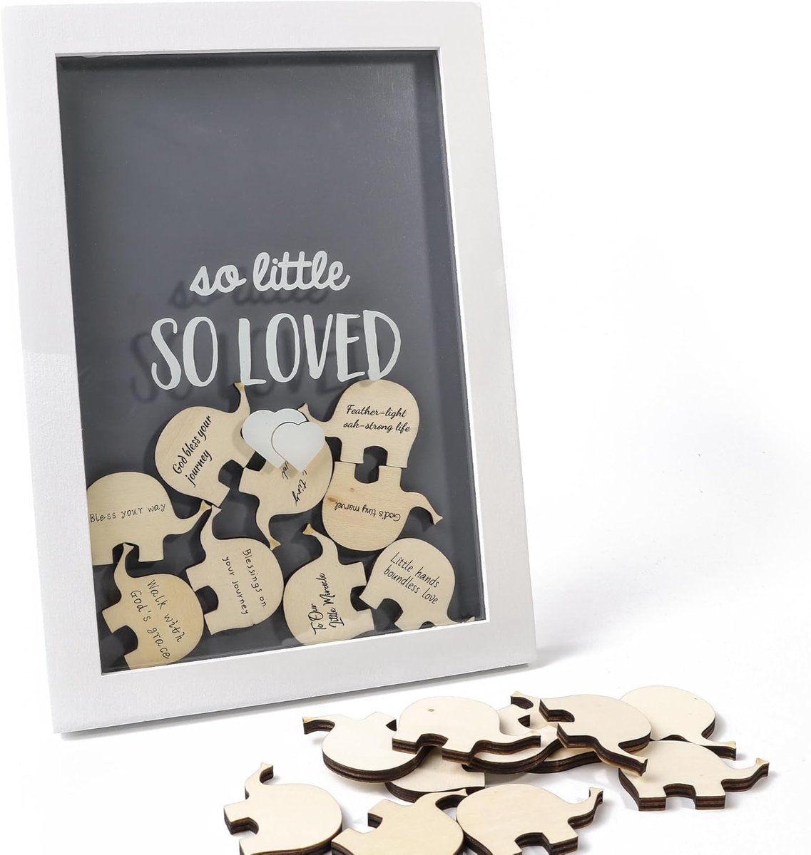 SnelShoppen - Houten Gastenboek Baby Shower en Doop - Fotolijst met 20 Olifanten voor Wensen, Creatief Alternatief Wensboek voor Babyfeest, Gender Rev